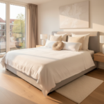 Luxueus opgemaakt bed met meerdere witte kussens in moderne slaapkamer