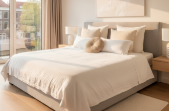 Luxueus opgemaakt bed met meerdere witte kussens in moderne slaapkamer