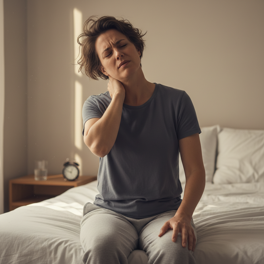 Persoon met nekpijn na het ontwaken