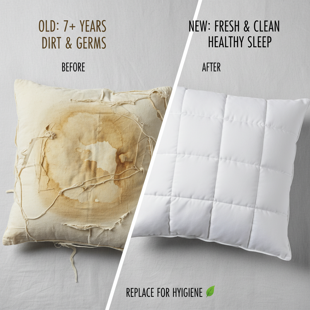 Vergelijking oud platgeslagen kussen naast nieuw stevig kussen