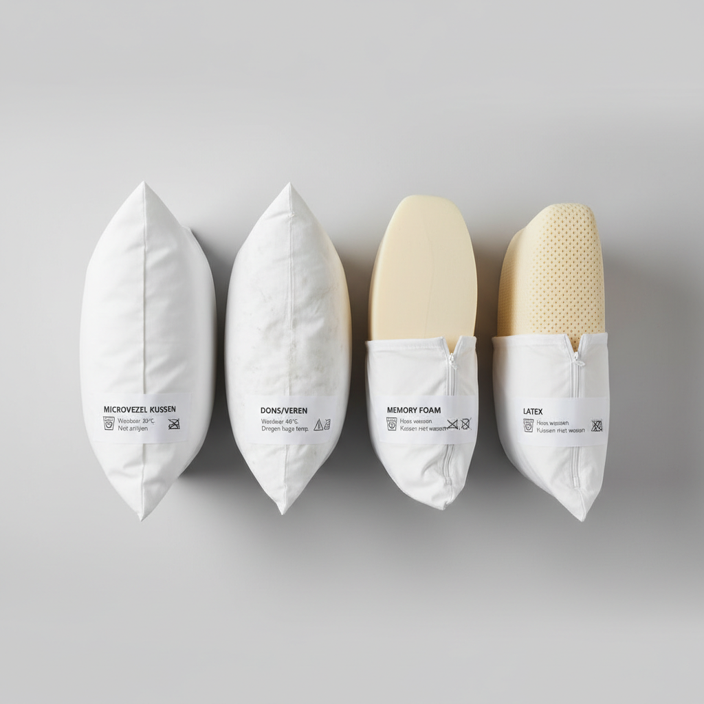 Verschillende kussenmateriaal soorten met wasinstructies