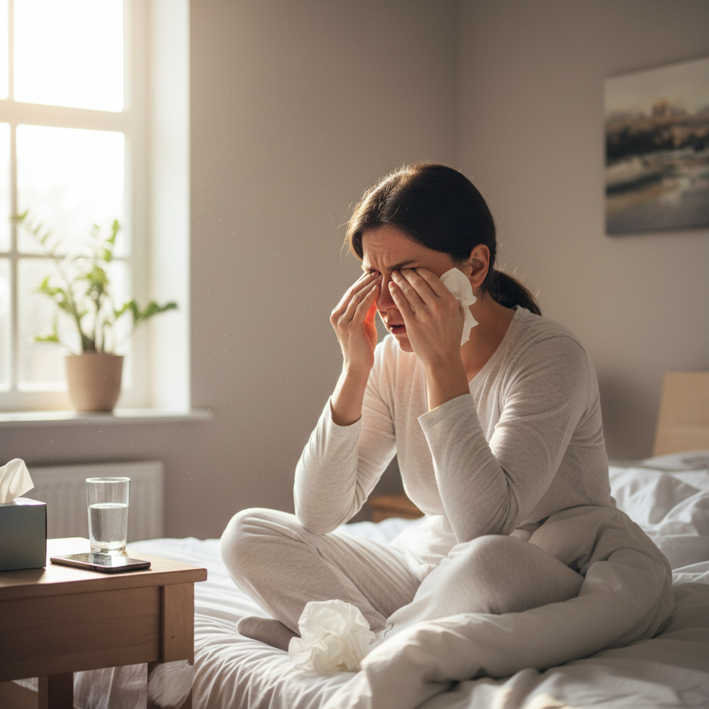 Persoon wakker met allergie symptomen - verstopte neus en tissues