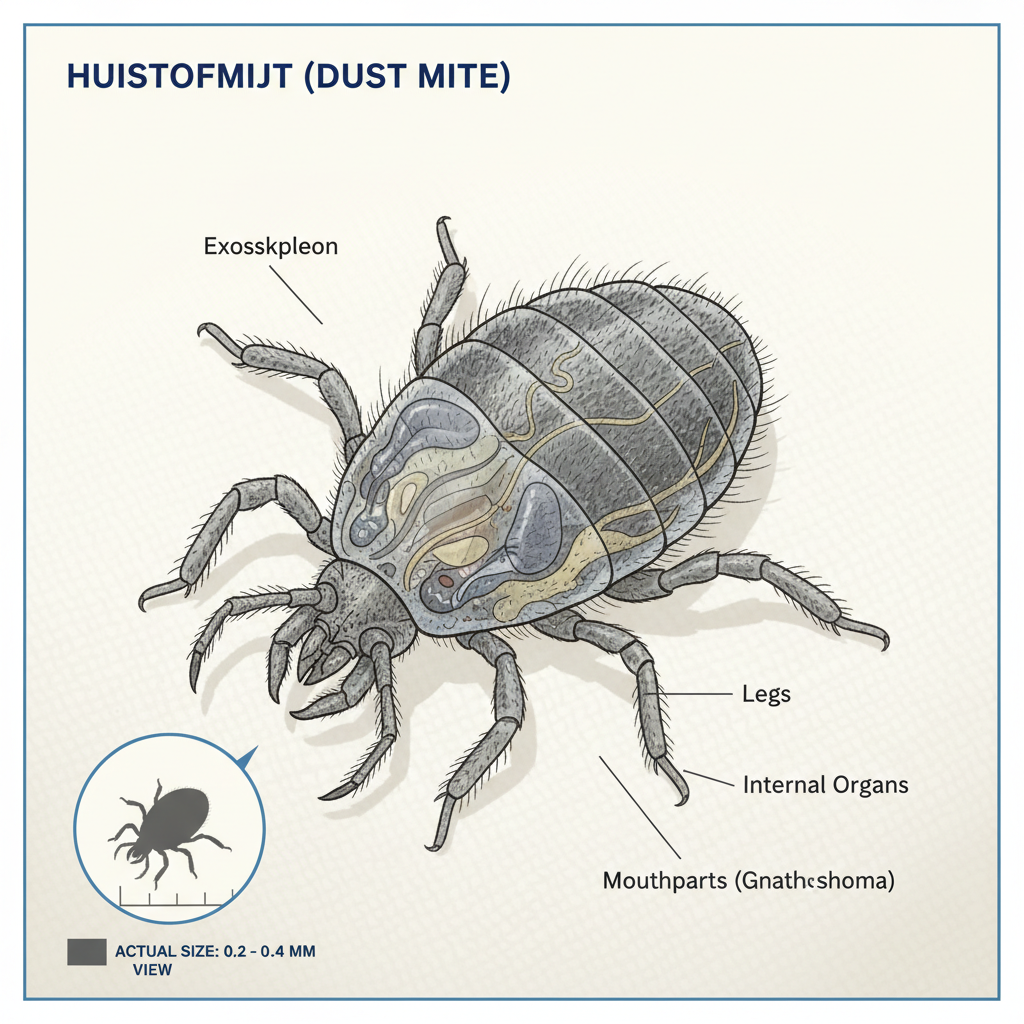 Huisstofmijt onder microscoop - educatieve illustratie