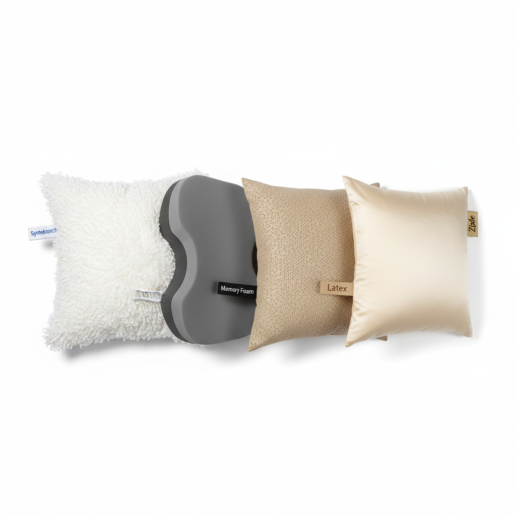 Vier types antiallergische kussens - synthetisch, memory foam, latex, zijde