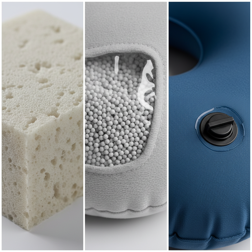 Close-up van reiskussen materialen - memory foam, microbeads en opblaasbaar